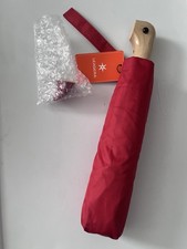 Red Solid Folding Umbrella with Wooden Duck Handle damaged 