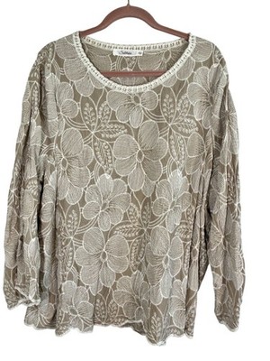 Neutral Floral Embroidery Top 2X Tan Boho Indie Folk Western Resort Preppy Chic