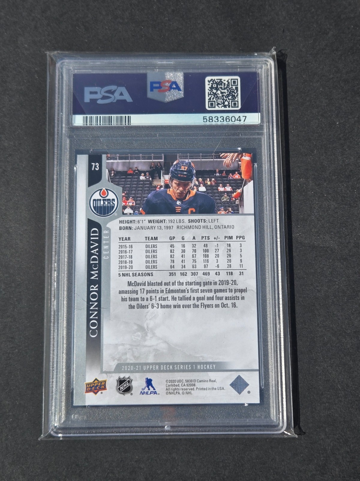 2020 Upper Deck UD #73 Connor McDavid PSA 10 GEM MT view 2