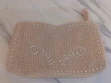 Vintage Beige Beaded Faux Pearl Clutch Change Purse Floral- Japan