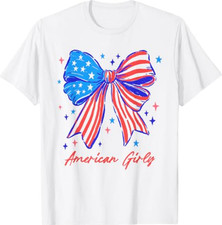 Coquette Bow USA Patriotic American Flag 4th of July Girl T-Shirt