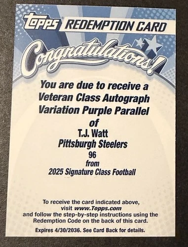 2025 Topps Signature T.J. Watt Veteran Class Autographs (RAW)