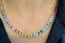 15CT Emerald Lab-Created Sapphire Women's Tennis Necklace 14K White Gold Plated