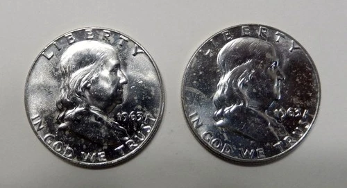 $10 UNDER SPOT  Two (2)  1963 D Franklin 90% Silver Halves Dollar 50¢  UNC Coins