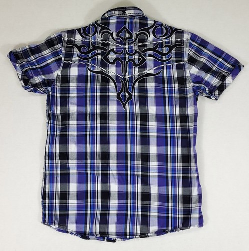 Roar Signature Embroidered Button-up Shirt Purple Blue White Plaid Mens L - Picture 3 of 5