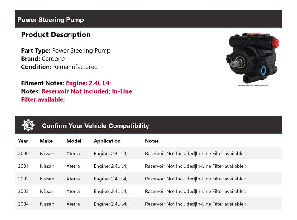 Bomba de dirección asistida Cardone 2001 2002 2003 para Nissan Xterra 2000-2004 2,4 L L4 Foto 2 de 4