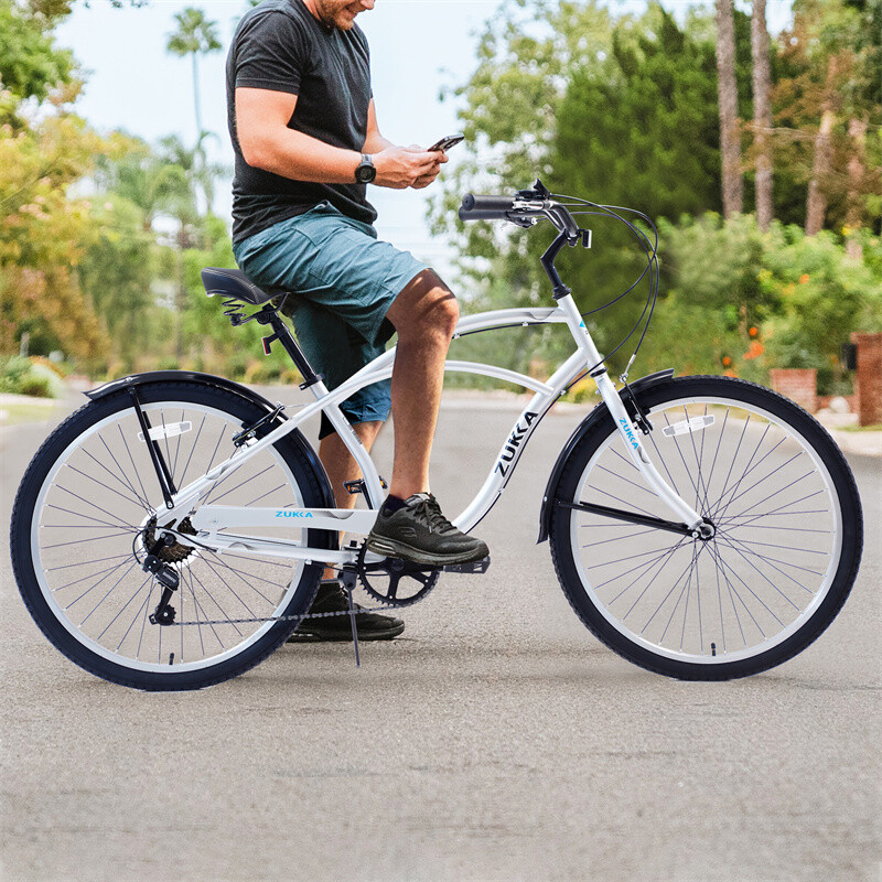 26" Men Women's Beach Cruiser Bike Steel Frame Shimano 7-Speed Comfy Ride,Silver