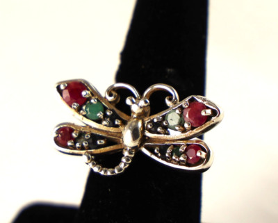 Sterling Silver .925 Rubies Emeralds Dragonfly Ring Handcrafted Size 8