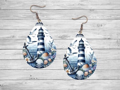 Earrings, Blue Lighthouse Print Wood Dangle Teardrop Print Earrings Jewelry