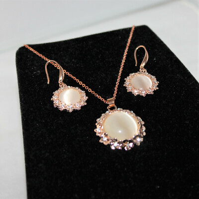 Schmuckset Damen Kette, Ohrringe mit Opal Blume Rose-Gold 2tlg