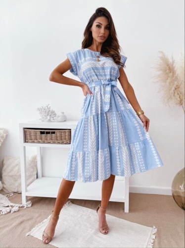 Geometry Print Cocktail Party Beach Dress Sundress Summer Black Light Blue - Picture 5 of 8