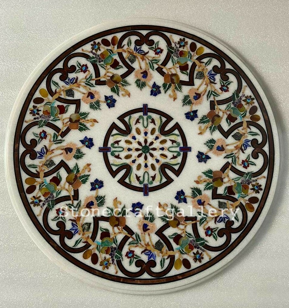 30-inch Marble Table Top with Semi-Precious Stone Marquetry Inlay for Elegant Home Decor
