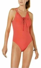 Hula Honey Junior Medium Solid Coral Red Ribbed 1-Piece Swimsuit NWT M