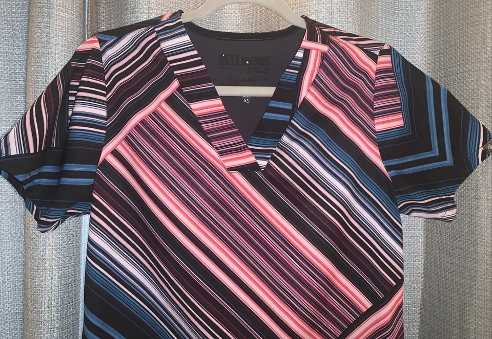Women’s Grey’s Anatomy Barco Multi-colored Striped Scrub Top Size XS - Image 3 of 4