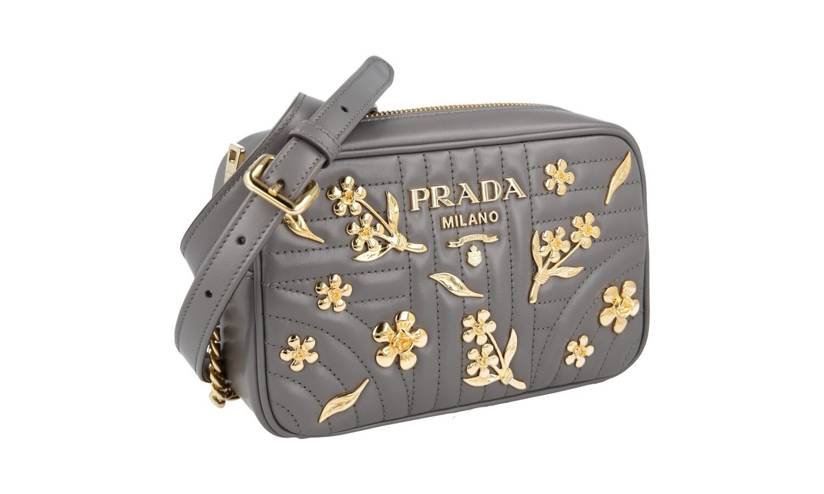 PRADA Diagramme Golden Flowers Shoulder Bag Handbag 1BH084 Grey
