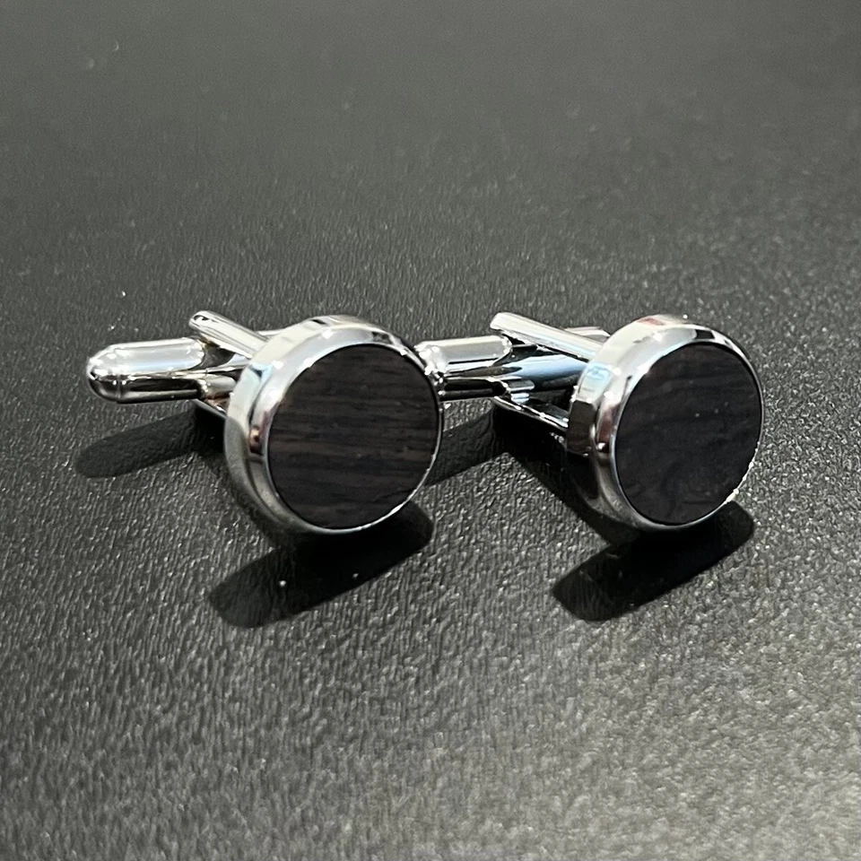 925 Sterling Silver Bevel Edge Round Black Wood Cufflinks In Box Men Cufflinks - Image 2 of 4