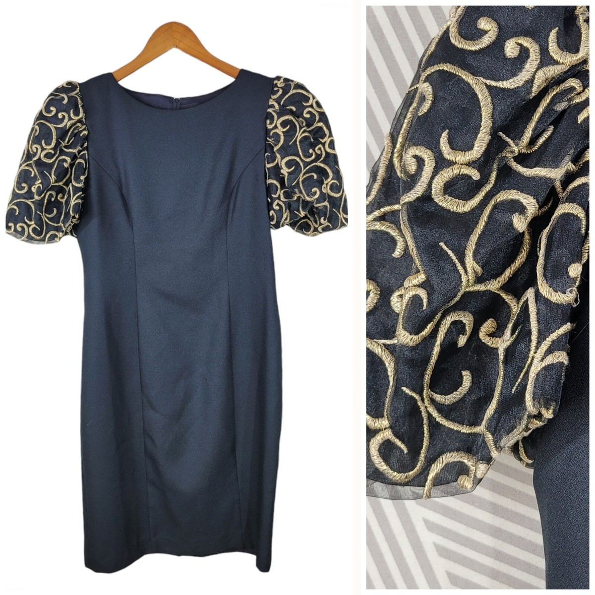 jessica howard black and gold dress NEW Size 12 Evening LBD Embroidered Puff Sleeve GL1912