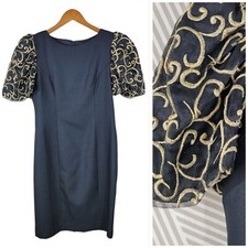 NEW Jessica Howard Dress Size 12 Evening Black LBD Gold Embroidered Puff Sleeve