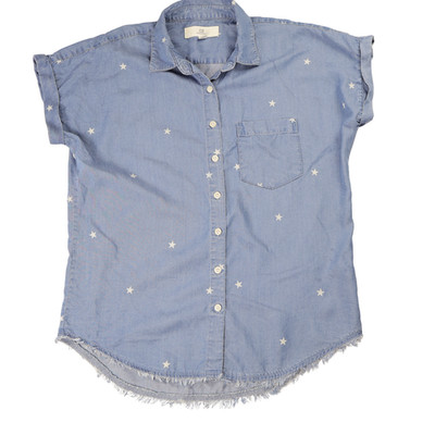 Thread & Supply XS Blue Chambray Star Print Button Front Shirt Raw Hem Top