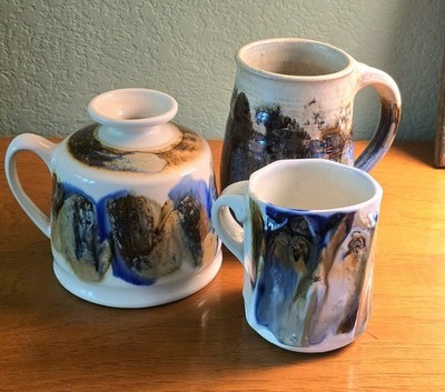 Vtg Blue Drip Glaze Studio Pottery Lot Mayhew Kravec Studios & More Cups & Jug