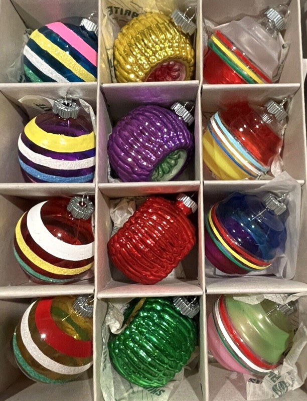 Radko Ornaments 12 Silvered Double Indent & Unsilvered Stripes Lanterns NEW #299