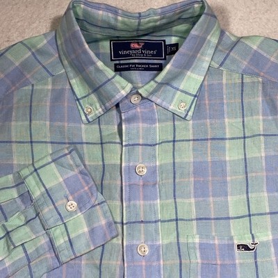 Vineyard Vines Linen Shirt Mens XS Blue Pastel Plaid Classic Fit Tucker L/S