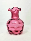Fenton Cranberry Pink Optic Dimple Art Glass Vase With Ruffled Rim 1970s Vintage
