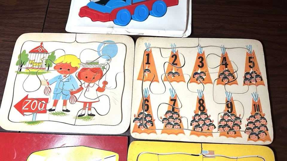 Conjunto de 6 quebra-cabeças infantis antigos de madeira e 1 de plástico para crianças Playkool Outros - Imagem 4 de 4