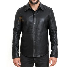 MEN'S BLACK GENUINE REAL LEATHER POLICE MILITARY STYLE SHIRT BLUF SHEEP LEATHER