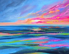 Original Acrylic Painting. Hand-Painted Canvas. Sunset Ocean Seascape. 11x14 Art