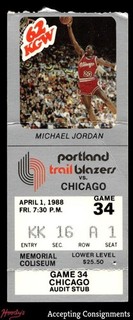 April 1 1988 Portland Trail Blazers vs Chicago Bulls Michael Jordan Ticket Stub