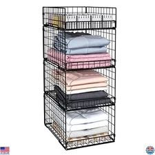 4-Pack Stackable 4-Tier Closet Organizers - Durable Metal Bins for Clothes &