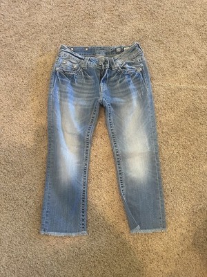 Miss Me Signature Cuffed Capri Embroidered Embellished Light Blue Denim Jeans