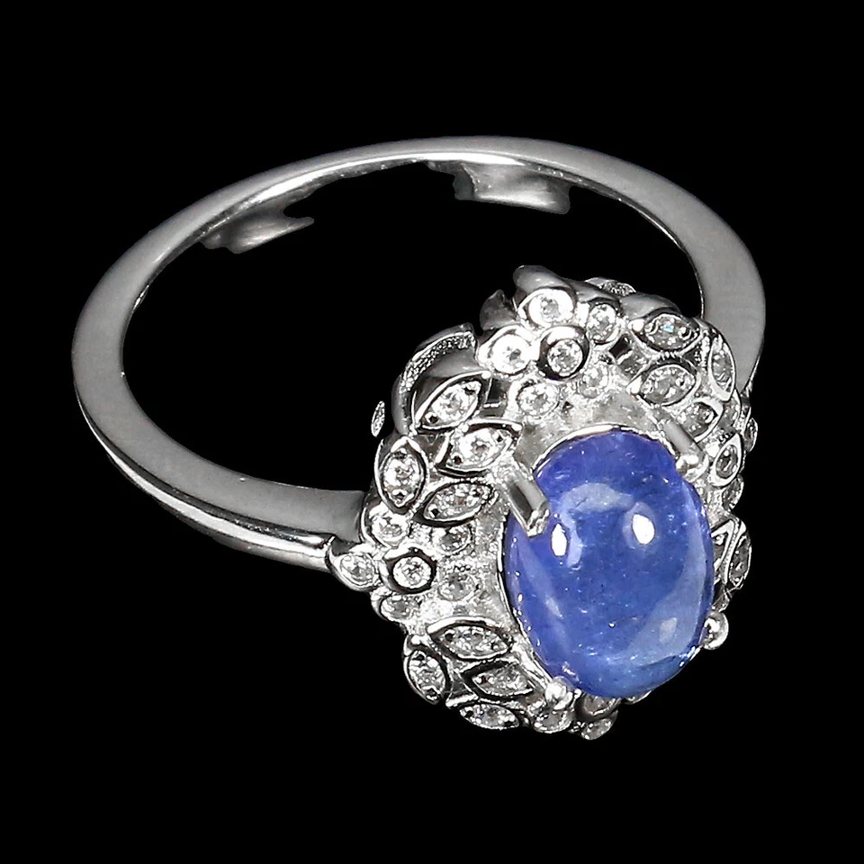 Anello In Argento Sterling 925 Ovale Blu Tanzanite 8x6mm Gioielli Taglia 6 - Immagine 3 di 4