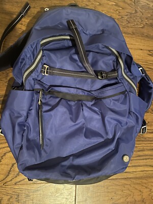 Lululemon Athletica Blue Savour Savasana Black 3M Leather Trim Padded Backpack 