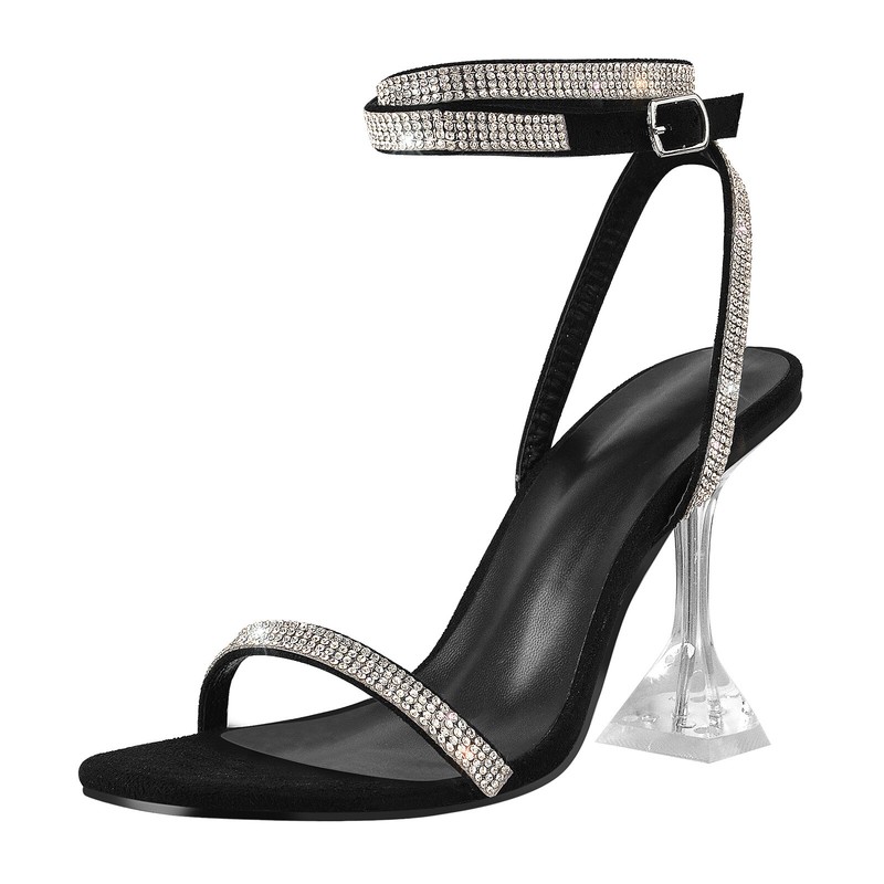 Women's Buckle Open Toe Lace Up Clear Heel Rhinestone Ankle Straps Sandals US8