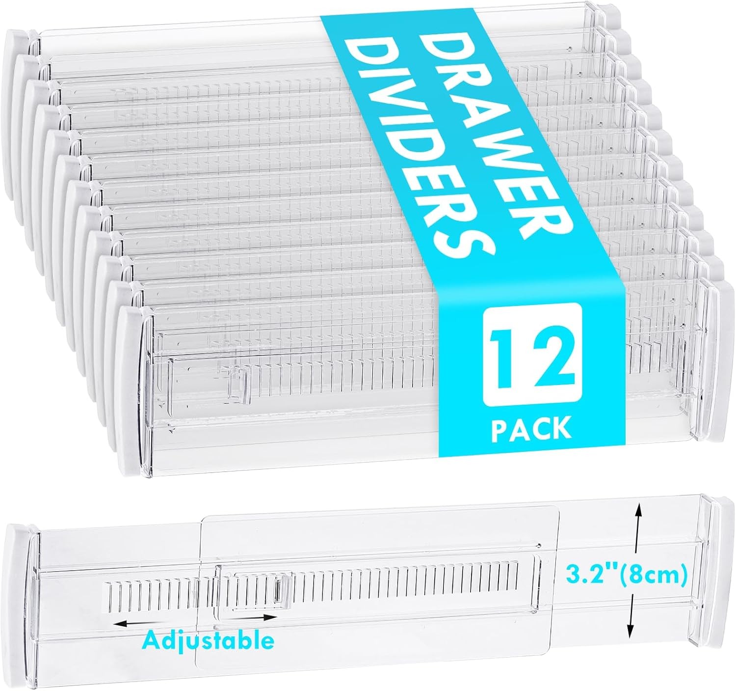 Adjustable Clear Drawer Organizers 12 Pack 3.2 Inch High Dividers