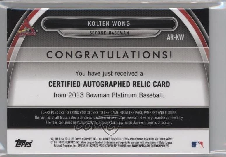 2013 Bowman Platinum Auto Relic Gold Refractor /50 Kolten Wong #AR-KW Auto - Image 2 of 2