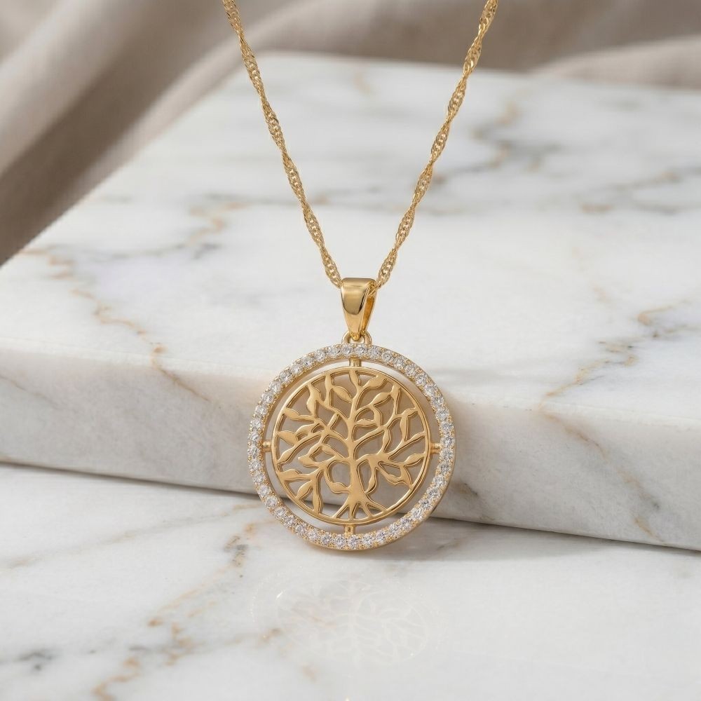 Collier pendentif Arbre de Vie en plaqué or jaune 750/1000 et zircons pour femme