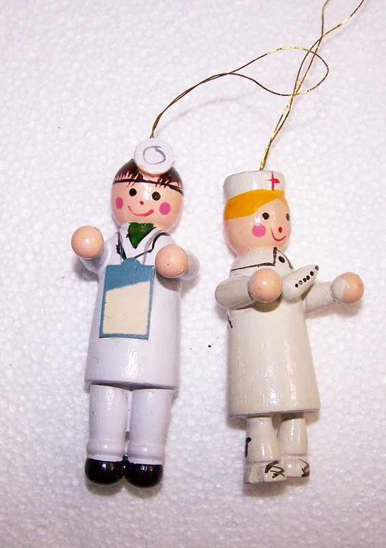 Two 3" Wood Christmas Ornaments Doctor and Nurse
