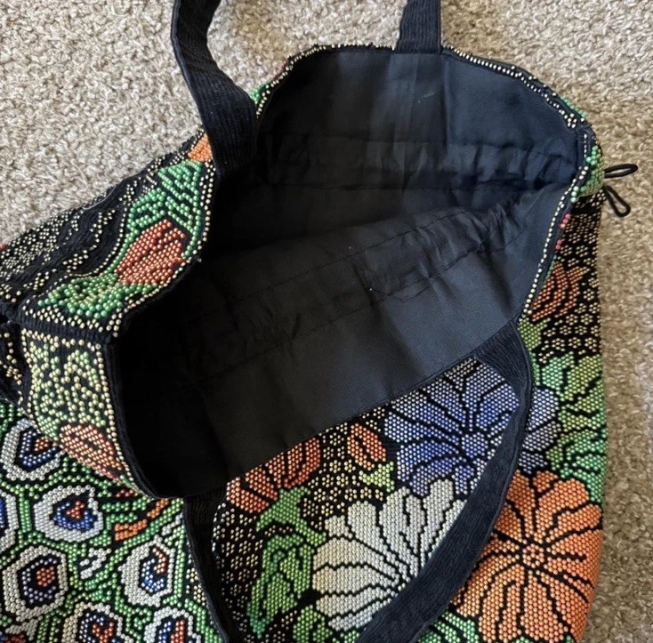 Большая вышитая бисером сумка-тоут винтажная со стразами 1960-е сумочка на шнурке богемное хиппи - Изображение 2 из 4