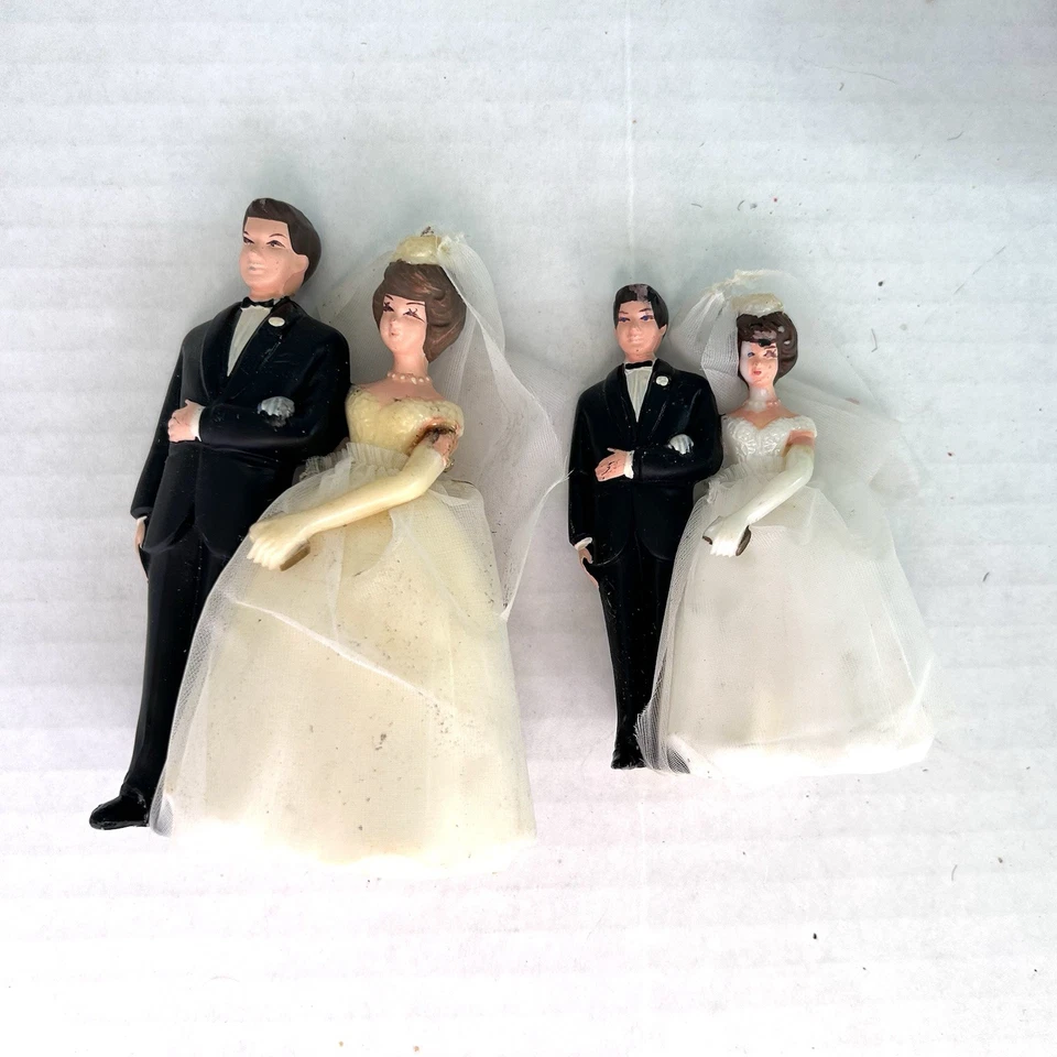 Vintage 1950s Wedding cake Toppers Lot Plastic W/Fancy Material Skirts (k) - Image 3 of 4