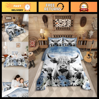 Highland Cow Print Comforter Set Full - Rustic Farmhouse Bedding, Blue Floral Qu
