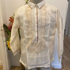 Filipino Formal Attire Barong Tagalog Large Cream And Tan Embroidery Long Sleeve