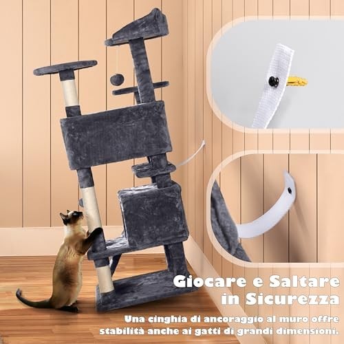 Yaheetech Albero Tiragraffi per Gatti 139 cm con 3 Pali Graffiatoi 3 Posatoi 2 G foto 6
