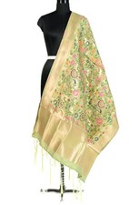 Green Banarasi Dupatta Indian Art Silk Woven Zari Brocade Long Stole Scarve Gift