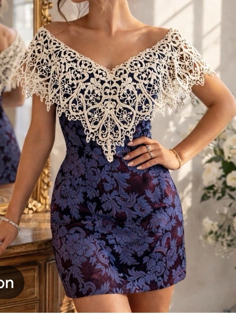navy and cream lace dress Gunne Sax Lace-Trim Off-Shoulder vintage 2/4 Color:Cloud Blue knit Skirt Detail Clothing: Mini Dresses: 'Jaide' Formal dress a beautiful addition to