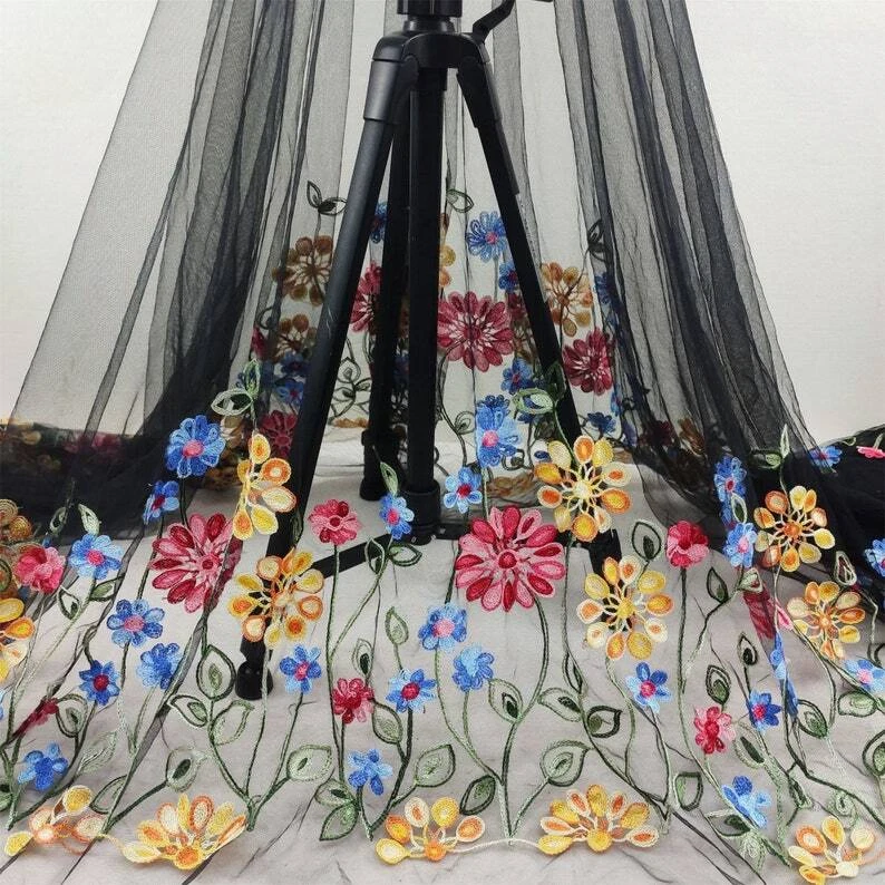 Multicolor Flower Embroidered symmetry Floral tulle lace fabric Soft black mesh - Image 2 of 4