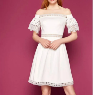 ted baker white off shoulder dress TED BAKER Loulah Off the Shoulder A Line Geo Lace Dress White Size TB 3 US  8