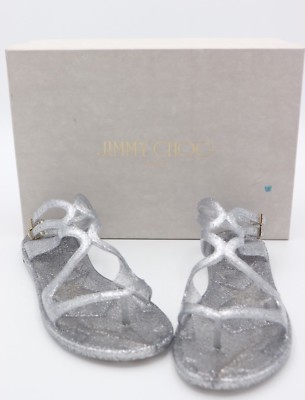 JIMMY CHOO シルバー サンダル 37 NIB Jimmy Choo Lance Silver Metallic Glitter Rubber Jelly
